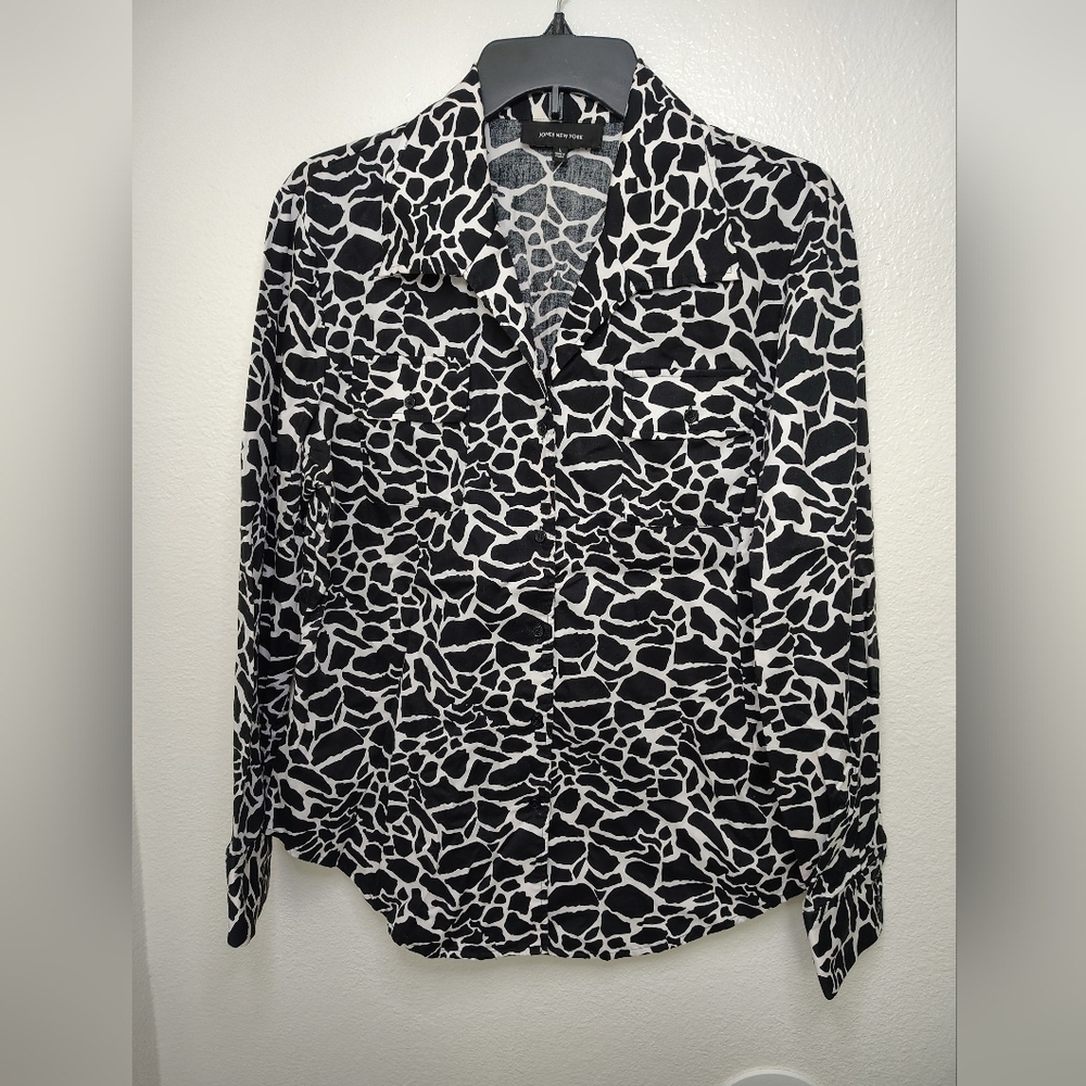 JONES NEW YORK Women's Cotton Blouse Long Sleeve Animal Print Black White L